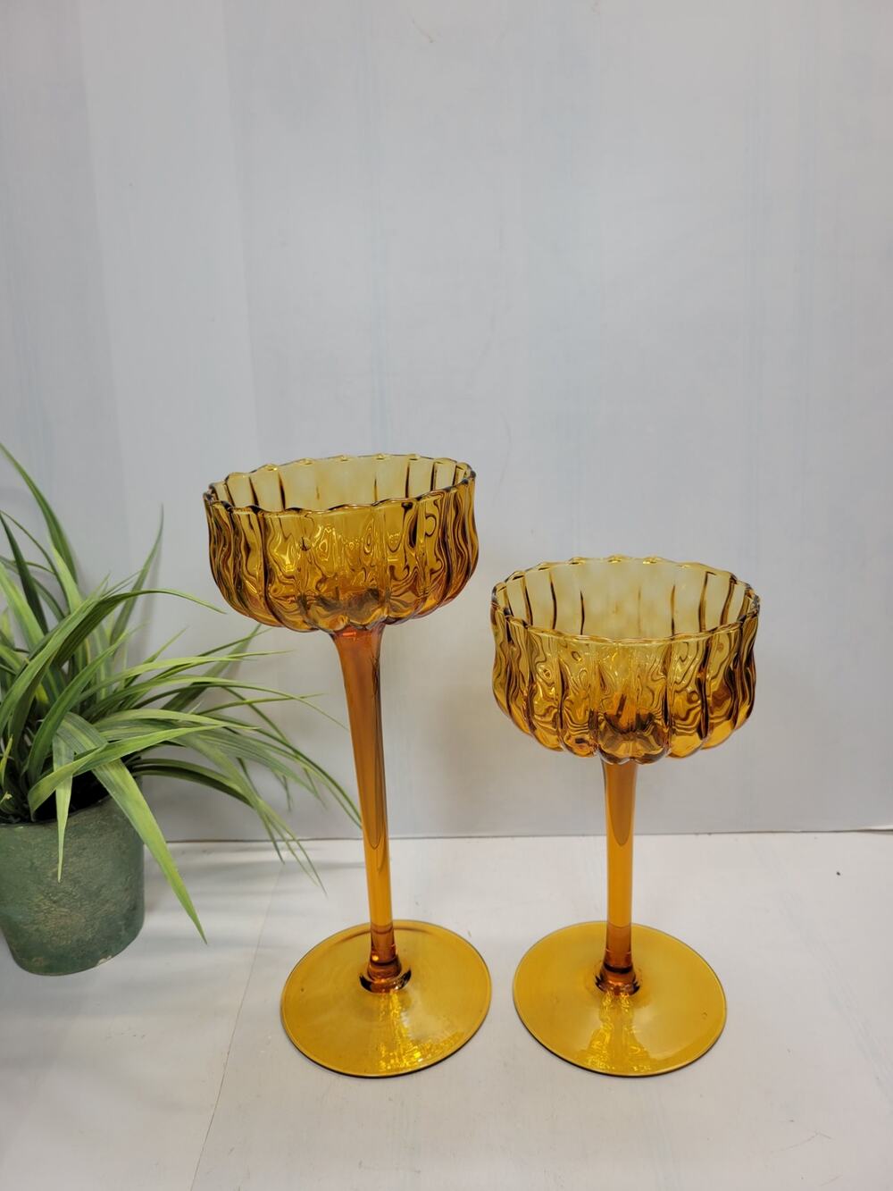 Vintage Amber Glass Pedestal Candle Holder Set Mid Century Coupe Compote Dish
